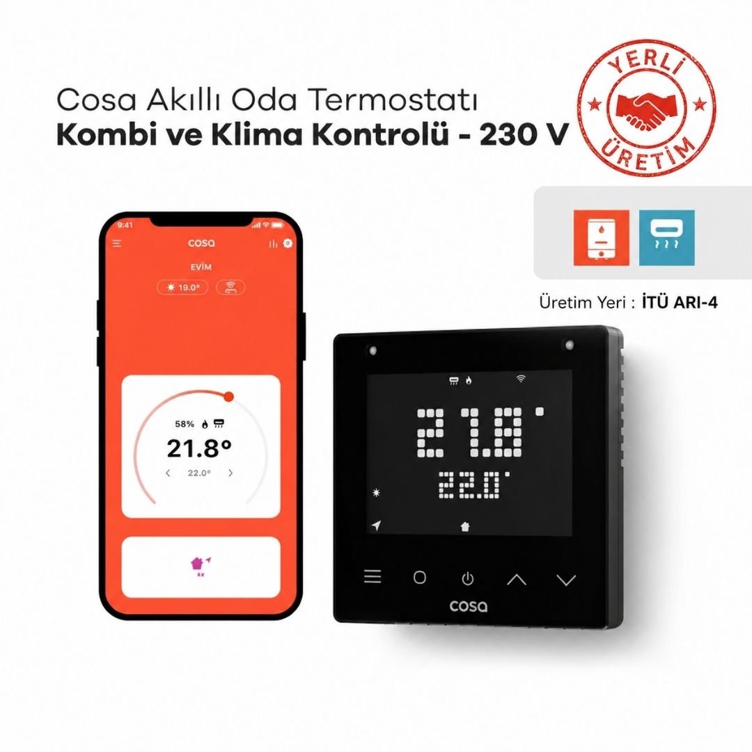 Cosa Akıllı Oda Termostatı v5 Kablolu Kombi ve Klima Kontrolü 230V - Siyah INV. - Mekanik Oda E - Ticaret - P5TR-22-AC-INV - 