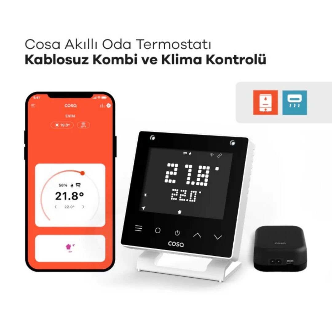 Cosa Akıllı Oda Termostatı v5 Kablosuz Kombi ve Klima Kontrolü - Beyaz - Mekanik Oda E - Ticaret - P5TR-21-AC-W - 
