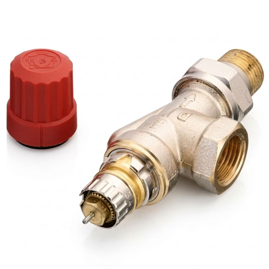 Danfoss 013G0153 RA-N Reglajlı Termostatik Vana Gövdesi – DN15, Yatay Köşe Tip, Rp 1/2 × R 1/2