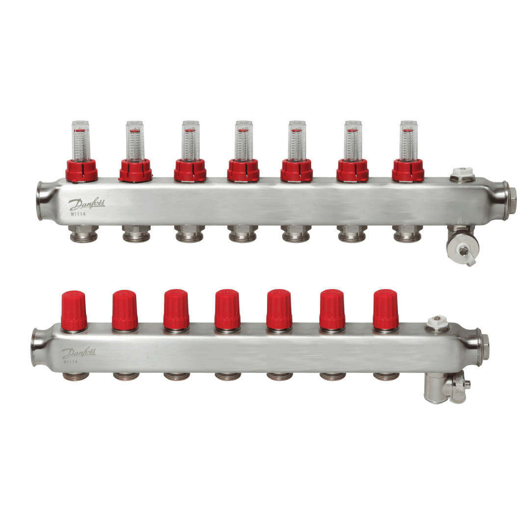 Danfoss 088U0757 SSM - F, yerden ısıtma devrelerinin gidiş/dönüş dağıtımı ve devre debilerinin izlenmesi için kullanılan 7+7 debimetreli paslanmaz çelik manifold setidir. - Mekanik Oda E - Ticaret - 088U0757 - 