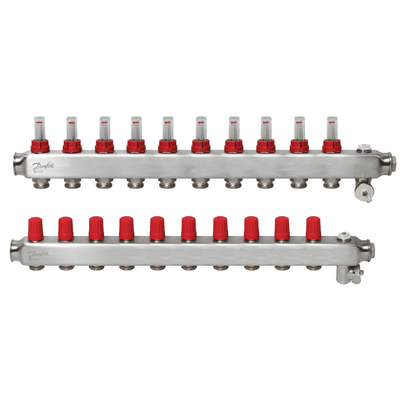 Danfoss 088U0760 Manifold SSM-F – 10+10 (10 Devre), Paslanmaz Çelik, Debimetreli, Manuel Purjörlü, Danfoss RA Valf Bağlantılı