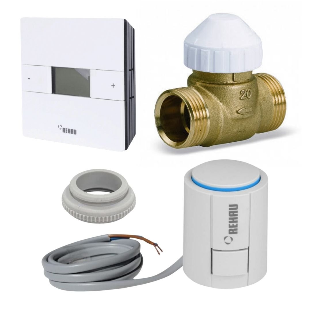 REHAU UNI Yeni Aktüatör + WATTS 21311P İki Yollu Dişli Vana Gövdesi + REHAU Nea H Oda Termostatı – 230 V Kontrol Seti - Mekanik Oda E-Ticaret - REH/2YMVSET3 - 